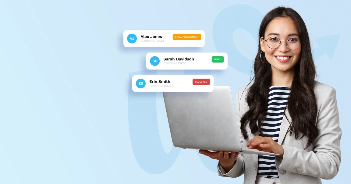 Hiregroww hiring dashboard showing candidate status cards for final assessment, hired and rejected